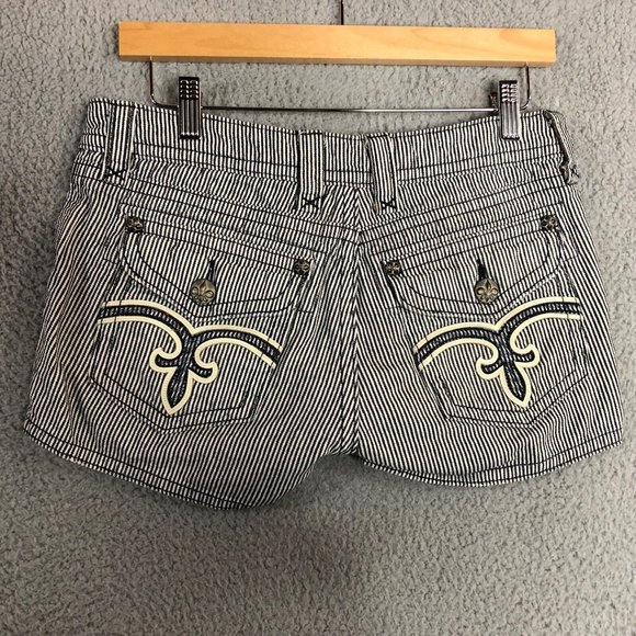 Rock Revival Pants - SOLDRock Revival Distressed Navy White Stripe Fleur de Lis Flap Pocket Shorts 26
